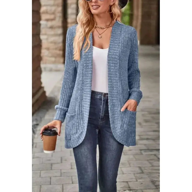 Eliana | Chunky ribbestrikket langermet cardigan med lommer